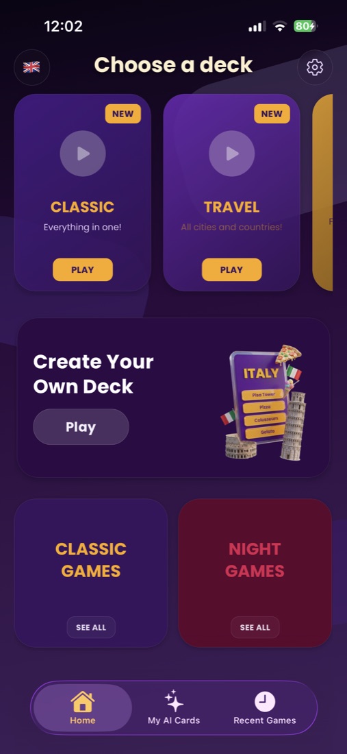 Tadado deck selection screen with Classic and Travel decks